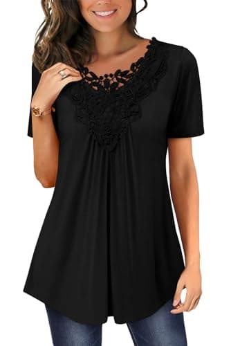 Image of Magritta Womens Blouse Summer Short Sleeve Shirts Ladies Crewneck Lace Tunic Tops Trendy Plain Vintage Swing Tops for Leggings Work Loose Fit Shirt White Large