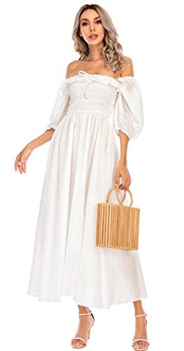 Image of R.Vivimos Women's Polka Dot Slim Fit Half Sleeve Dresses Square Collar Long Midi Dress(XLarge,White)