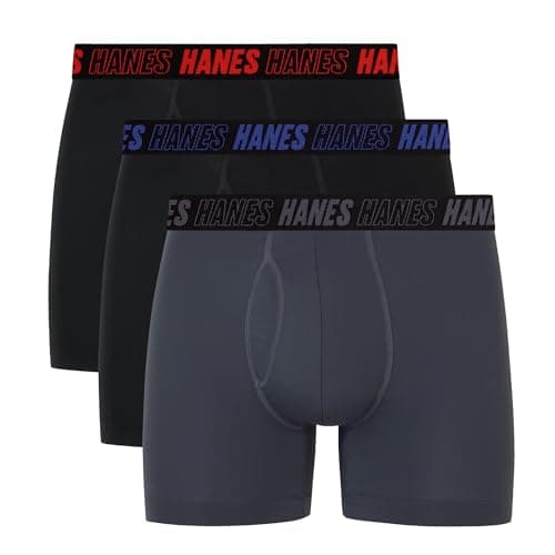 Image of Hanes Men's Moves Performance Boxer Brief, Total Support Pouch, Regular/Trunk/Long Leg, 3-Pack, 8", Grey/Black, XL