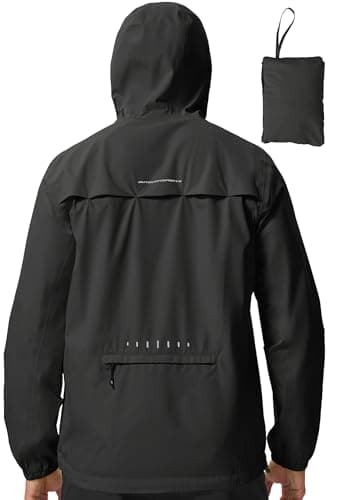 Image of donhobo Men's Waterproof Hiking Jackets,Rain Coats for Men Lightweight Breathable Packaway Raincoat Adjustable Hood Seams Sealed Ventilated Front and Back Foldable Packs in This Back Pockets Black S