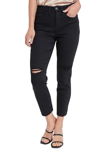 Image of Royalty For Me Womens Women's Vintage Wash Straight Ankle Ripped Jean with Frayed Hem, Black Rips, 12