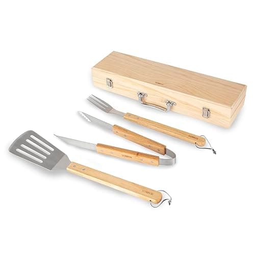 Image of Tower BBQ 4 Piece Tool Set with Wooden Handles and Carry Case, Stainless Steel, T932005