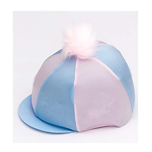 Image of Luvponies Personalised Pink and Blue Riding Hat Cover with Very Fluffy Pom Pom