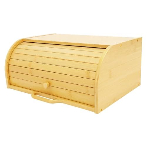 Image of Topvaleur Bamboo Bread Bin - Elegant Bread Bins for Kitchen Storage, Corner Bread Bin with Roll-Top Lid, Natural Bamboo Finish, Large Capacity, Ideal for Modern and Traditional Kitchens