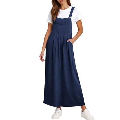 Image of AMhomely Women‘s Plus Size Pinafore Dress UK | Cotton Linen Vintage Pleated Apron Dress | Adjustable Strap Ruffle Hem with Pockets & Split (UK, Alpha, XXL, Regular, Regular, Navy)