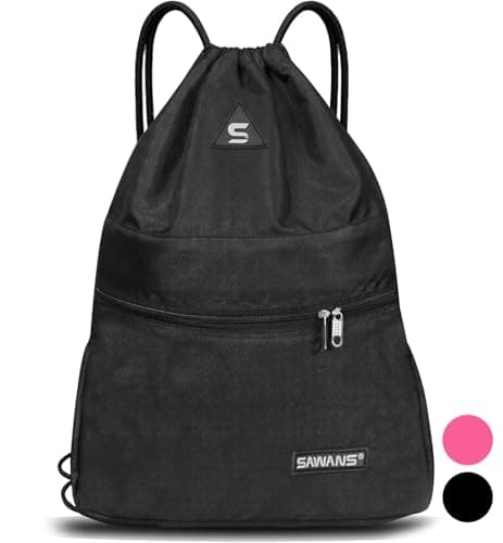 Image of Drawstring Gym Sport Bag String Waterproof Pocket Zipper Sack Backpack for Women Men Travel Kit Bag for Hiking School Students PE Bag Outside Swimming Adult Beach Holidays (Black)