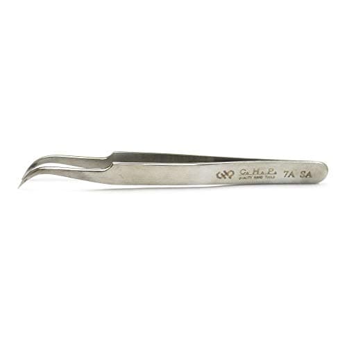 Image of Hakko CHP 7A-SA Stainless Steel Non-Magnetic Precision Tweezers with Very-Fine Point Bent Tips, Heavy-Duty Tips, 4-1/2" Length