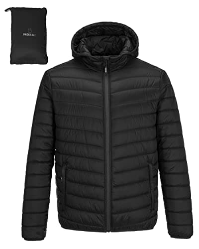 Image of Outdoor Ventures Mens Puffer Jacket Lightweight Water Resistant Hooded Jacket Insulated Puffy Coat Winter Packable Men's Jacket with Pockets for Hiking Camping Travelling Black L
