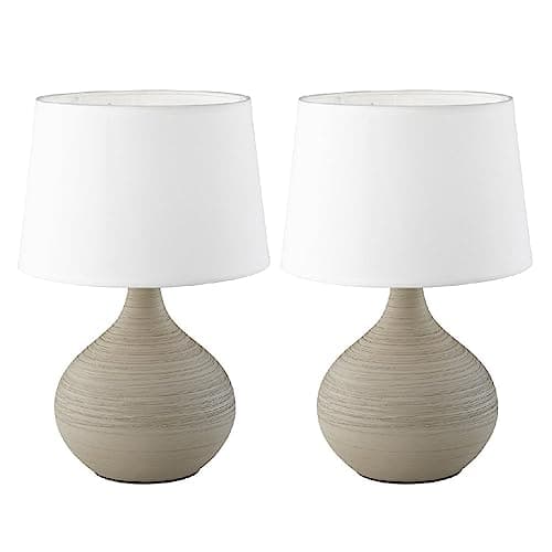 Image of 2 Pack - Cappuccino Textured Ceramic Vintage Globe Urn Table Desk Lamp with White Fabric Shade | 29cm Height | 1 x SES E14 Lamp Bulb Required | UK Approved | Retro Design | Tapered Drum Lampshade