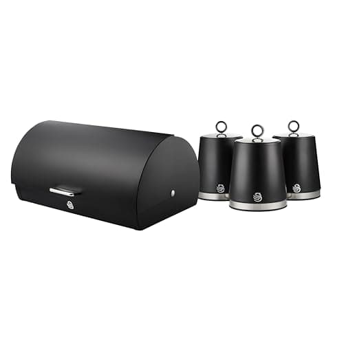Image of SWAN Serenity Bread Bin with Ventilation, Smooth Matt Finish and Roll Top Lid, 14 Litre and Set of 3 Kitchen Storage Canisters for Tea, Coffee, and Sugar, 1.3L, Black