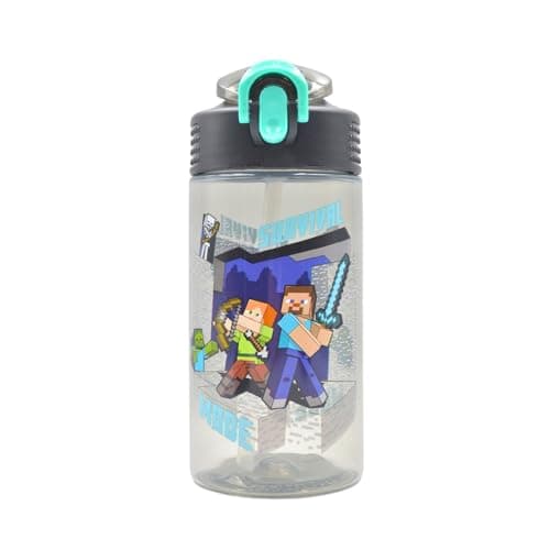 Image of HOX Official Minecraft 600ml Water Bottle ft Alex & Steve - Lightweight Plastic Drinks Bottle + Carry Loop - Removable straw & Flip Spout | Gift for Minecraft Gamers, White/Opaque