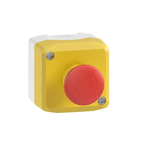 Image of Schneider Electric - Harmony XALD Control Station, Plastic, Yellow Lid, 1 Red Mushroom Push Button 40, Turn to Release, 1 NC, XALK178