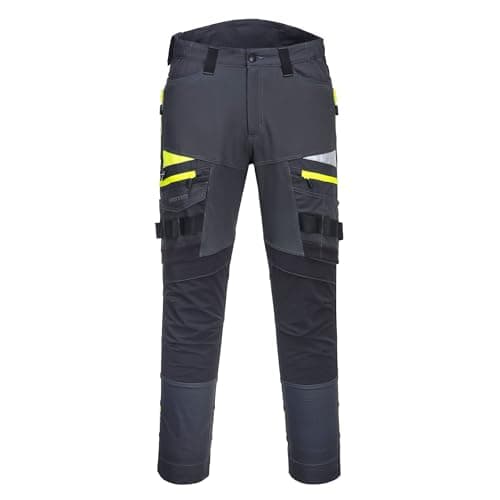 Image of Portwest DX449 Mens Slim Fit Work Trousers - Durable Construction Work Hi Vis Cargo Trousers with Stretch Fabric and Knee Pad Pockets Metal Grey, 28