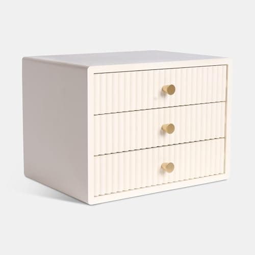 Image of OHS Ribbed Wooden Desktop Drawers, Small Item Storage Desktop Drawer Organizer Office Supplies Filing Stackable Makeup Container Jewellery Tabletop Storage Cabinet with 3 Drawers, Cream