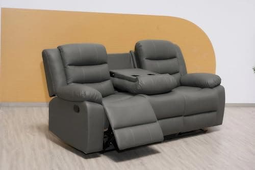 Image of Madrid Leather Recliner Sofa Set with Cupholders – 3+2 Seater Manual Recliner Sofas for Living Room (Grey, 3 Seater)