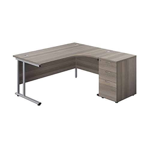 Image of Office Hippo Heavy Duty Right Corner Radial Desk With 3 Drawer High Storage, Home Office PC Desk, Filing, 5 Yr Wty, MFC- Grey Oak, Silver Frame
