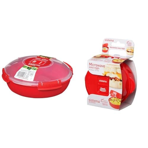 Image of Sistema Microwave Round Food Container/Cookware Bowl | 1.3 L Food Steamer | Red/Clear & Microwave Egg Cooker Easy Eggs | Egg Poacher with Steam Release Vent | 270 ml | BPA-Free | Red