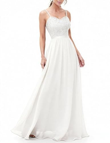 Image of DRESSTELLS White Lace Chiffon Wedding Dresses for Women UK, Spaghetti Strap Maxi Formal Elegant Bridesmaid Evening Prom Cocktail Party Ladies Dress L