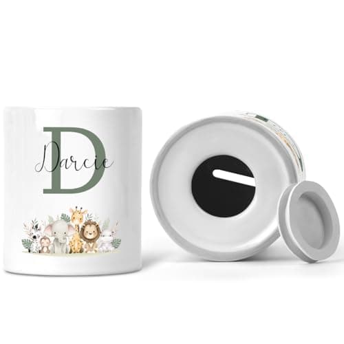 Image of Personalised Money Box Jungle Animal Theme Gift Piggy Bank Present Christening Birthday Baby Shower Custom Savings Jar Childs Babies Nursery Décor Bedroom Accessory Ceramic Coin - Name Through Initial