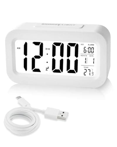 Image of Rechargeable Digital Alarm Clock, Bedside Battery-Powered Clock with Adjustable Brightness, LCD Display, 12/24-Hour Date & Temperature Display, Snooze, for Bedroom Home Office Desk Travel, White