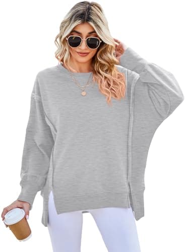 Image of SotRong Ladies Sweatshirts Without Hood Long Sleeve Tops Women Crewneck Oversized Sweatshirt Side Slit Pullover Slouchy Fit Y2K Tops Light Grey M