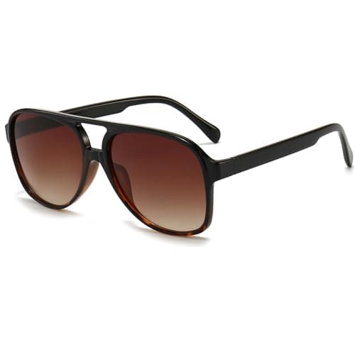 Image of Long Keeper Retro 70s Polarised Pilot Sunglasses for Women Men Oversized Double Bridge Aviation Sunglasses Large Frame Vintage Shades UV400 Protection (Black Leopard Frame Gradient Brown Lens)