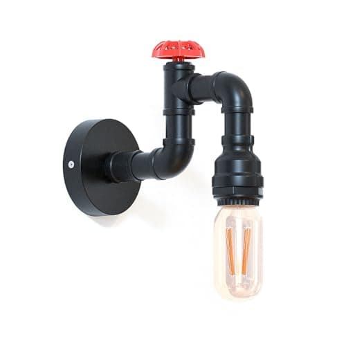 Image of LEDSone Rustic Water Pipe Steampunk Wall Lamp with Red Valve, Industrial Black Metal LED E27 Wall Sconce with Back Box, Retro Wall Lighting for Bedroom Living Room Bar Café