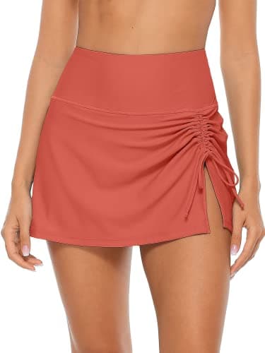 Image of CharmLeaks Women's High Waist Swim Skirt Split Drawstring Bikini Bottom Tankini Swimsuit Bottoms Orange Red S