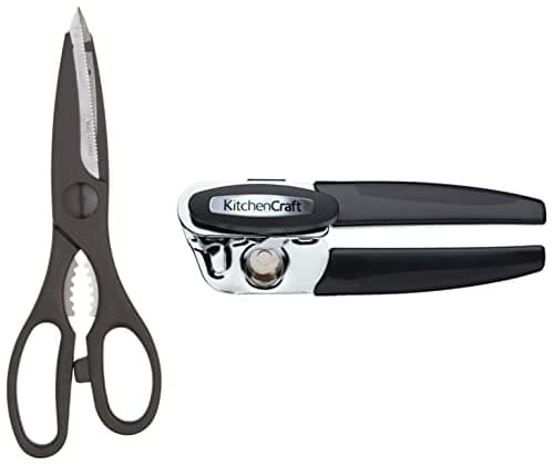 Image of KitchenCraft Can Opener, Stainless Steel, 16.5cm (6.5"), Carded & Kitchen Scissors with Bottle Opener, Stainless Steel, Multi Purpose Shears 21 cm (8.3''), Black