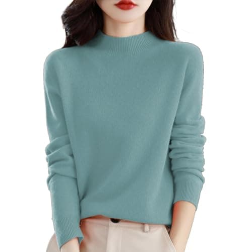 Image of Cashmere Jumpers Ladies Women's Semi Turtleneck Sweater Long Sleeve Solid Color Pullover with A Base Shirt Autumn and Winter Warm Loose Sweater Jumpers for Women UK Mint Green