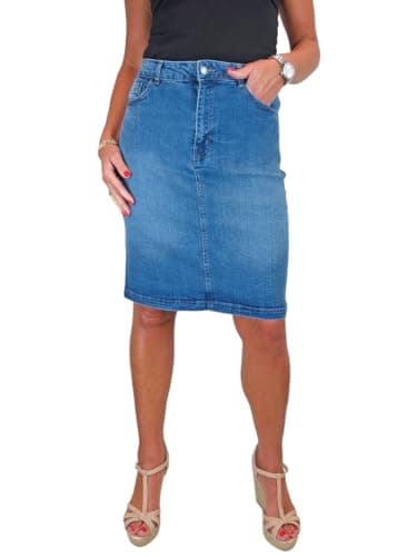 Image of Paulo Due Womens Knee Length Stretch Denim Skirt Ladies 5 Pocket Jeans Pencil Skirt Mid Blue Faded 10-22 (10)