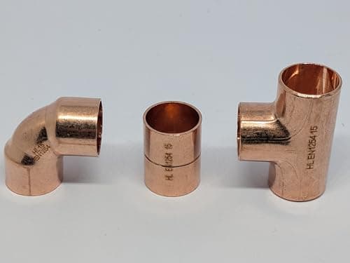 Image of 15mm Copper End Feed : Straight Coupling, 90 Degree Elbow, & Equal Tee - Pack of 3 Pieces