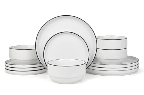 Image of Waterside 12pc Black Rim Stacking Porcelain Dinner Set; 4 Dinner Plates, Side Plates & Deep Bowls - Dishwasher & Microwave Safe