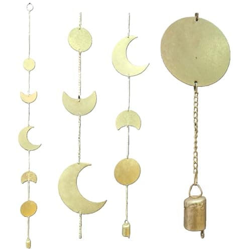 Image of Handcrafted Moon Phase Wall Hanging - Gold Metal Crescent and Circle Mobile Decor with Bell, Boho Home Decor, Lunar wall Art 40 inch Long