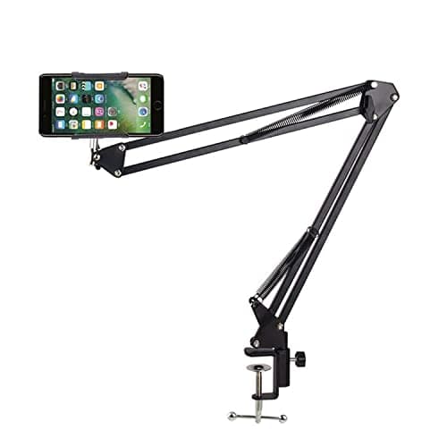 Image of TriLine Phone Holder, Mobile Phone Stand Overhead Tripod Mount, Universal 360 Degree Rotating Long Aluminum Arm Clamp for Desk Bedside Table