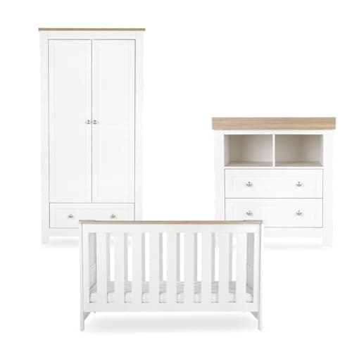 Image of CuddleCo Burford Nursery Furniture Set - Convertible Cot Bed with 3 Mattress Base Positions, Dresser Changer with Removable Changing Top, Ideal Baby Furniture for Traditional Nursery (White/Oak, 3pc)
