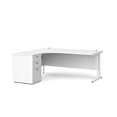 Image of Mr Office Maestro 25 left hand ergonomic desk with white cantilever frame and desk high pedestal bundle, White, 1800