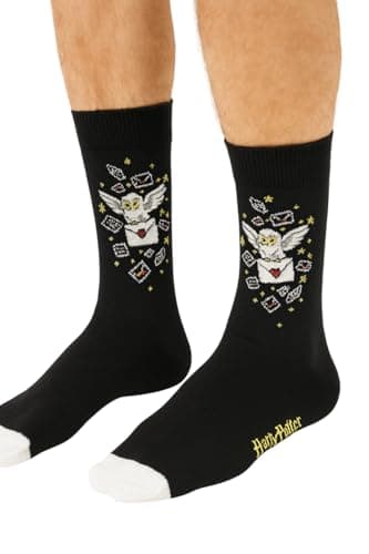 Image of Official Harry Potter Hedwig Letter Men’s Crew Socks – Black Owl & Hogwarts Envelope Design – Licensed Wizarding World Apparel – UK Size 6-11 (EU 39-46)