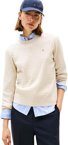 Image of Tommy Hilfiger Women’s Fine Cable Knit Jumper, Beige (HTR Oatmeal Gs Tipping), XL