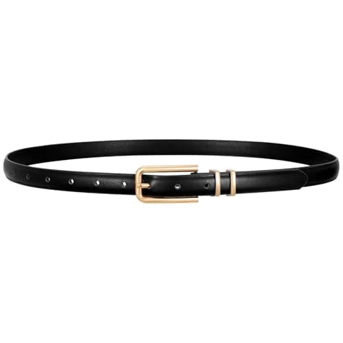 Image of VONMELLI Women Skinny Leather Belt Thin Waist Belt for Women Jeans Dress Fashion Ladies Belt with Gold Buckle A-black L