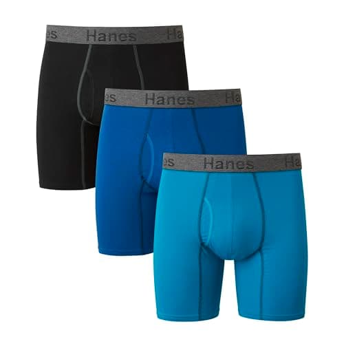 Image of Hanes Men's Comfort Flex Fit, Ultra Soft Stretch, Long, 3-Pack Boxer Briefs, Blue-Regular Leg-3 Pack, M (Pack of 3)