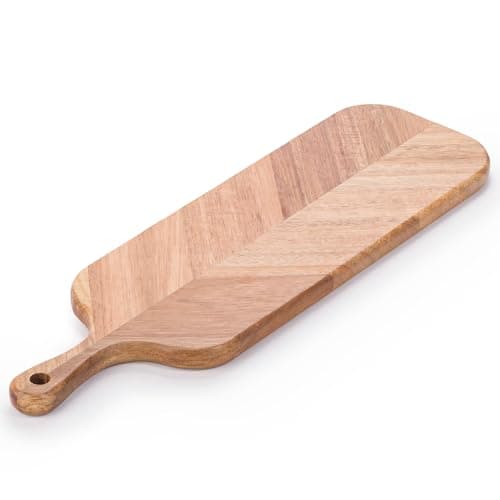 Image of Woodluv Herringbone Acacia Wood Serving Board Platter with Handle, Chopping Cutting Board, Cheese, Antipasti Charcuterie Boards 41 x 12 x 1.5 cm