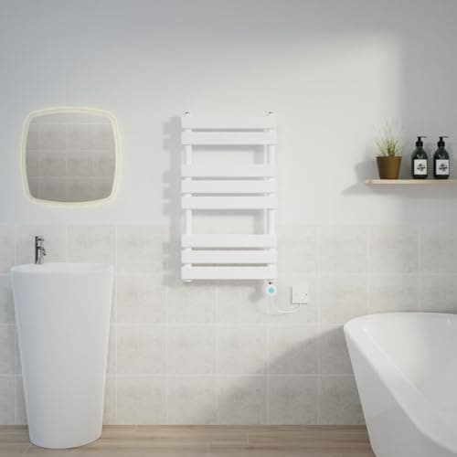 Image of Warmehaus 800x450mm White Designer Flat Panel Electric Heated Towel Rail Thermostatic Timer Bathroom Towel Radiator 400W