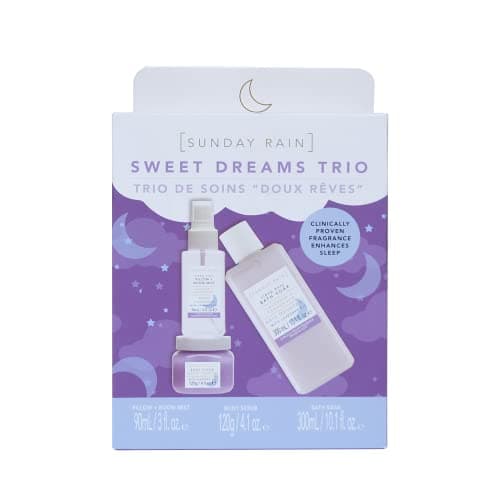Image of Sunday Rain Sweet Dreams Trio, Vegan and Cruelty Free Pamper Gift Set with Bath Soak, Body Scrub and Sleep Spray, Calming Lavender Scent, 3 Piece