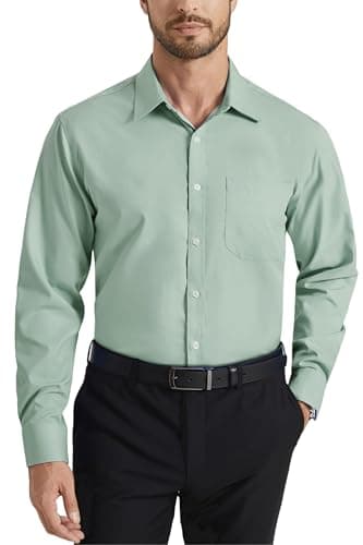 Image of HISDERN Men's Long Sleeve Sage Green Shirt Business Bamboo Fiber Regular Fit Non Iron Dress Shirt with Pocket,L