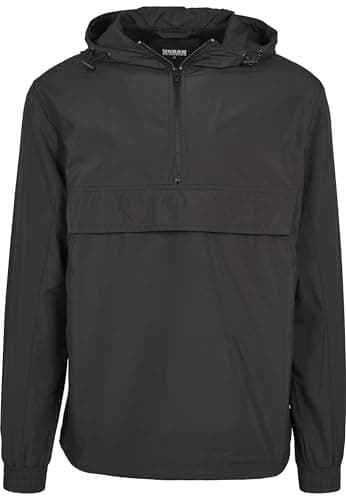 Image of URBAN CLASSICS Men's Windbreaker Jacket, Pullover Rain Jacket with Hoodie, Longsleeve Hooded Men's Raincoat, Lightweight & Water Repellent, Colour: Black, Size: 3X-Large