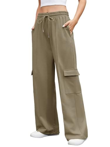 Image of Shephorion Women's Wide Leg Joggers with Pockets - High Waisted Stretchy Lounge Sweatpants for Yoga Gym Casual Wear (Khaki, L)