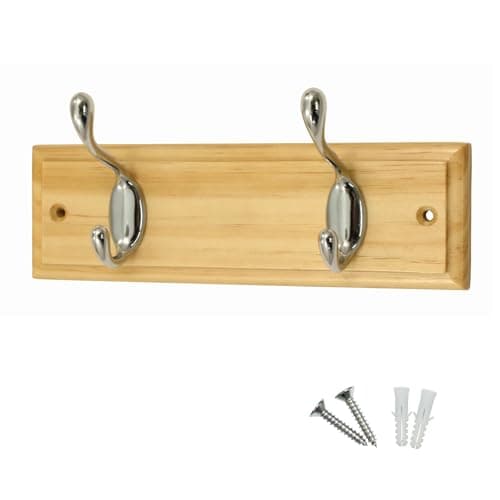 Image of Keypak 2 Hook Pine Finish Wall Mounted Coat Rack with 2 Chrome Hooks - Heavy Duty Wooden Board for Coats, Hats, Bags, Tools Space Saving Wall Storage Organiser, Fixings Included