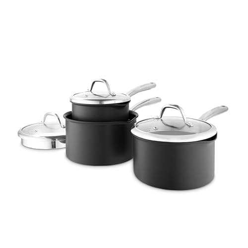 Image of Good Food in Partnership with Tower Hard Anodised 3 Piece Saucepan Set 16cm, 18cm & 20cm with Tempered Glass Lids, 10x Stronger Superior Ceramic Non-Stick Coating, Induction Compatible, Grey