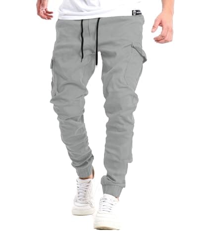 Image of YAOHUOLE Mens Cargo Pants Cuffed Jogging Tactical Trousers Men Combat Trousers Men Cargo Joggers Slim Fit Elasticated Waist Light Grey L